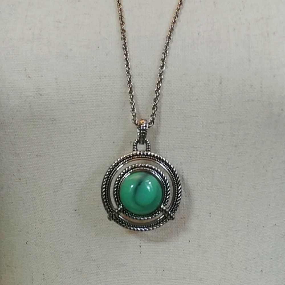 Vintage Green Pendant on Silver Tone Chain